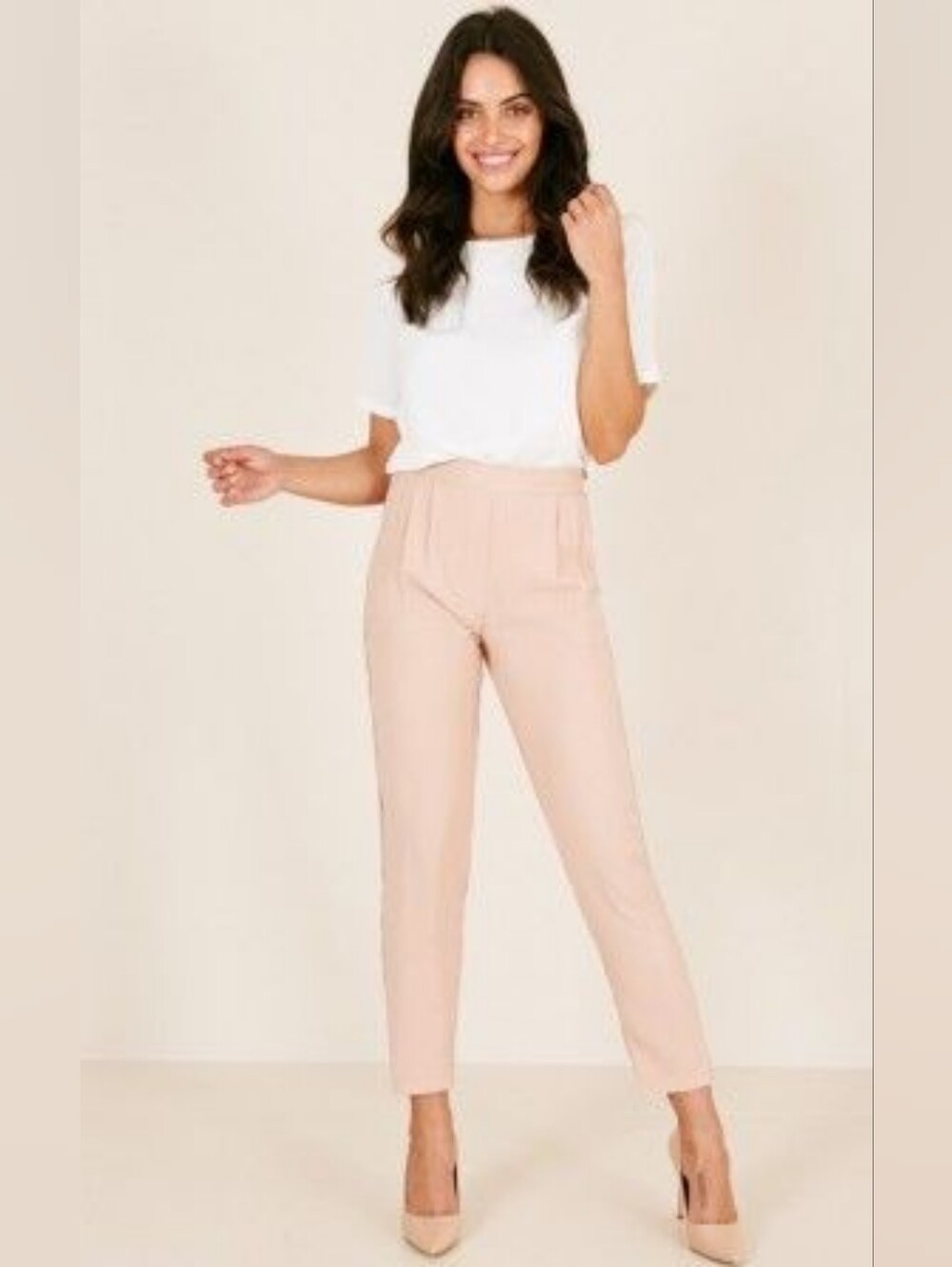 Showpo High Waisted Tapered Pleat Front Pants Trousers Pink Tan Slacks Size 8